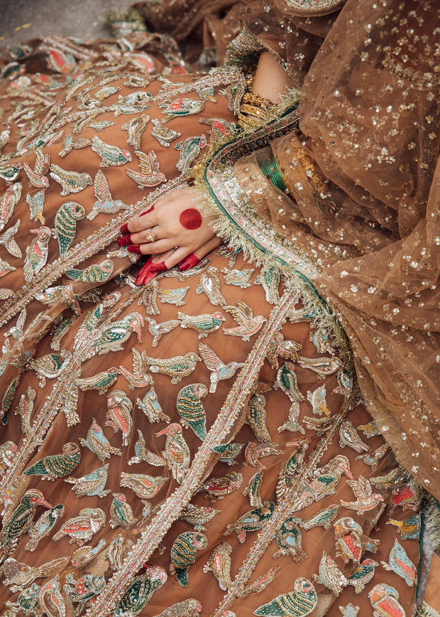 Royal Velvet Choli with Net Lehenga and Dupatta Pakistani Bridal Dress in Beige Gold Color Online