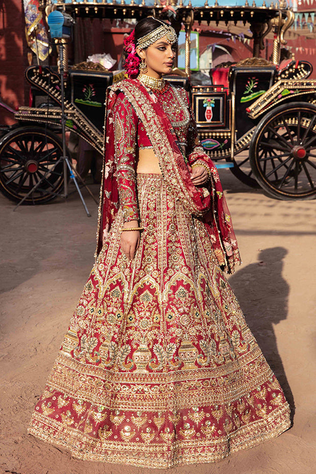 Ruby Red Raw Silk Lehenga Choli Pakistani Bridal Dress