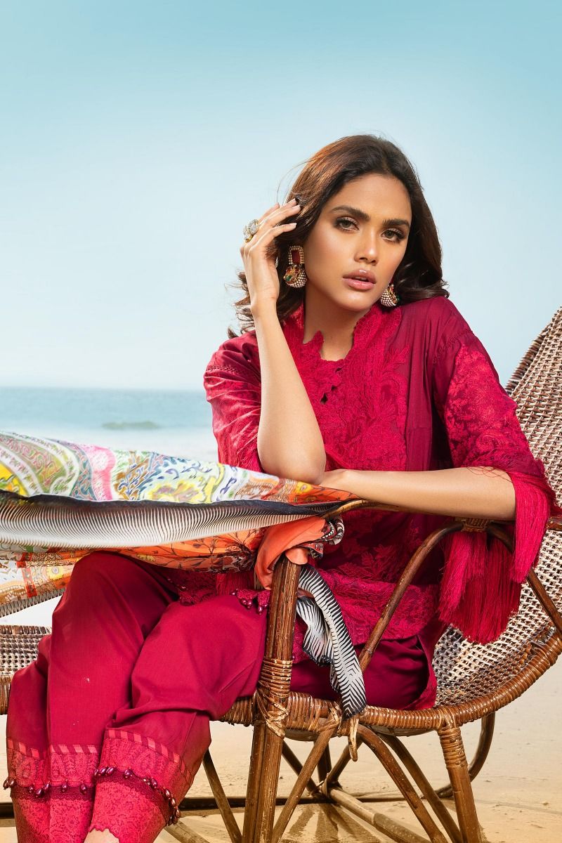 Sana Safinaz Eid Wear in Deep Red Color Close Up