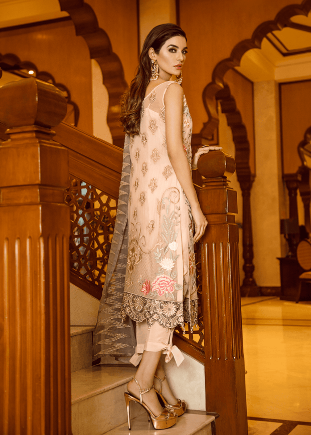 Pakistani sequins embroidered outfit in peach color # P2302