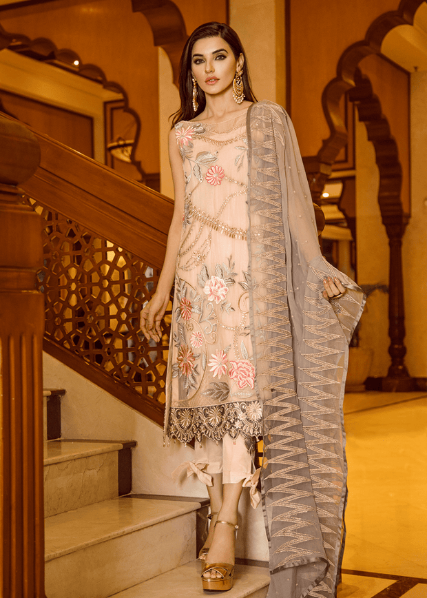 Pakistani sequins embroidered outfit in peach color