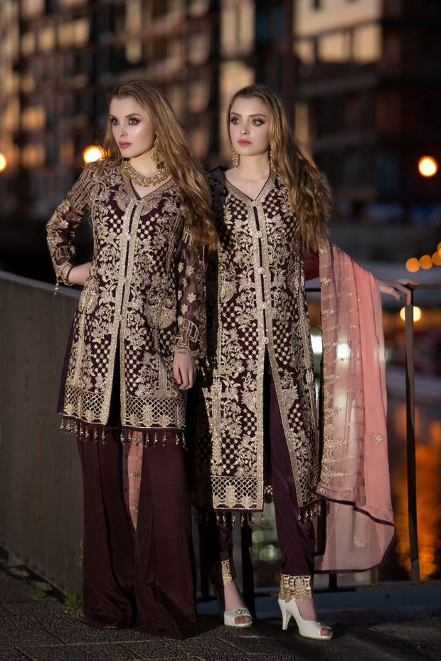 Sequins embroidered chiffon outfit in dark maroon color # P2314