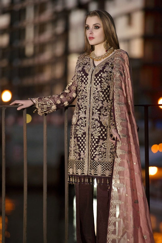 Sequins embroidered chiffon outfit in dark maroon color # P2314