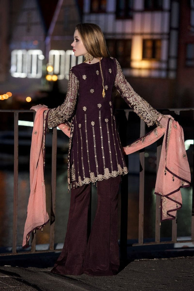 Sequins embroidered chiffon outfit in dark maroon color # P2314