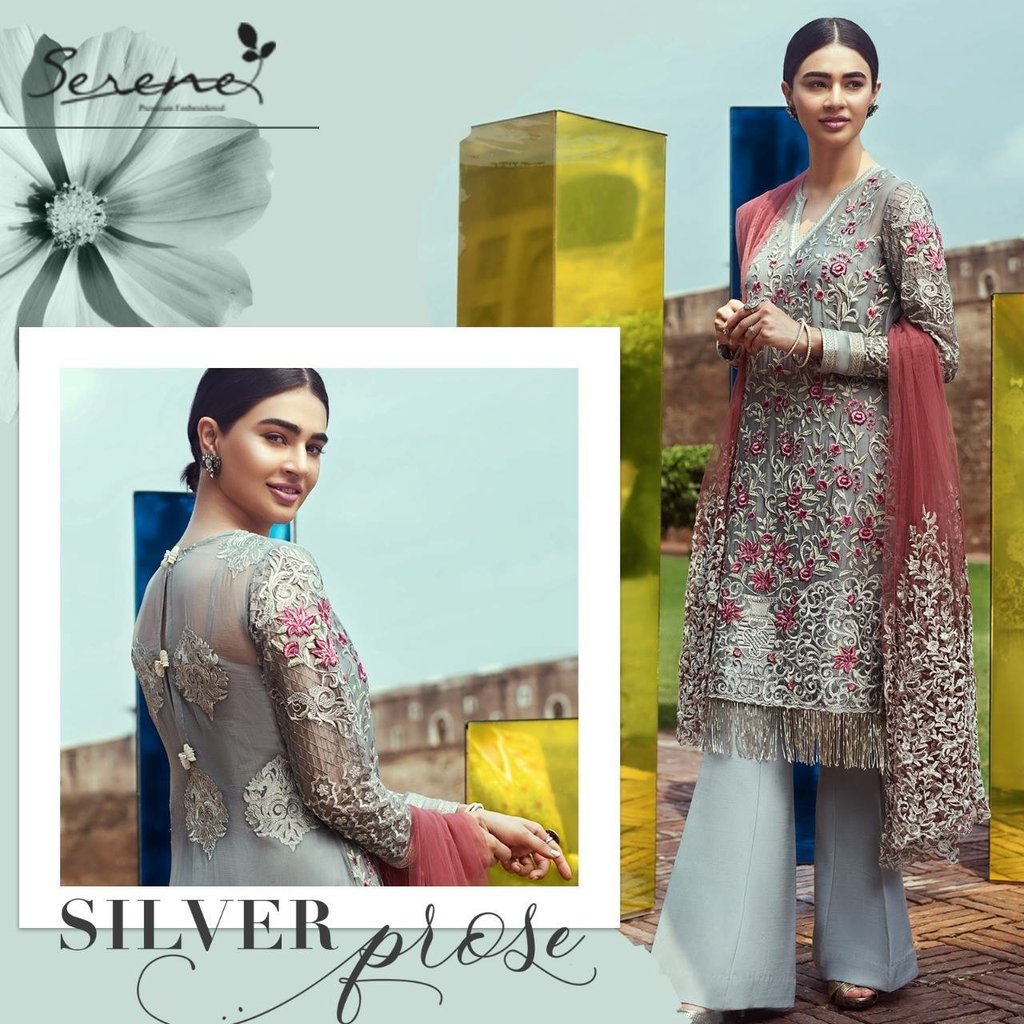 Serene Chiffon Dress | Silver Tilla Embroidery and Patches Work 