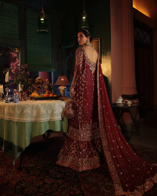 Sharara Kameez and Dupatta Red Bridal Dress Pakistani Online