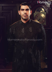 Sherwani Black 2021 for Groom with Embroidery Close Up