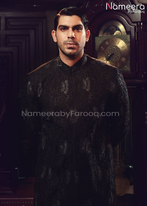 Sherwani Black 2021 for Groom with Embroidery Close Up