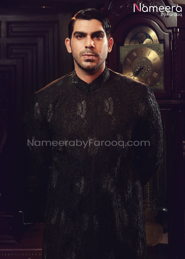 Sherwani Black 2021 for Groom with Embroidery Close Up