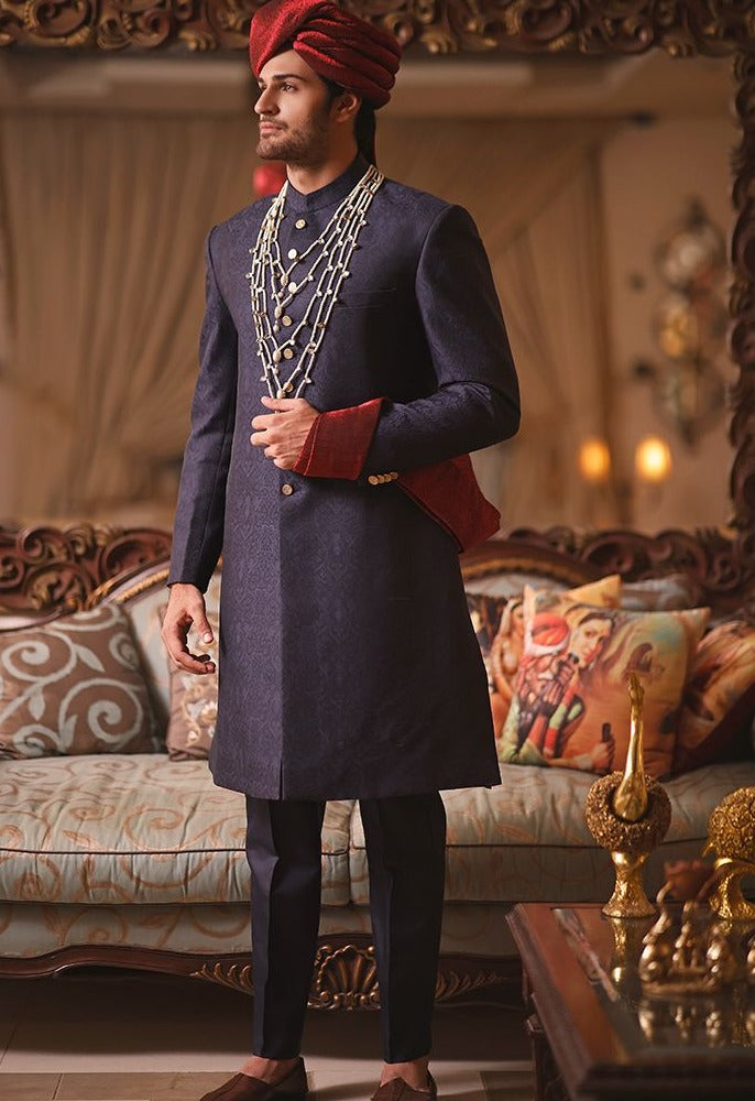 Wedding Sherwani Mens Mehndi Shawl Pakistani Men Blue Sherwani