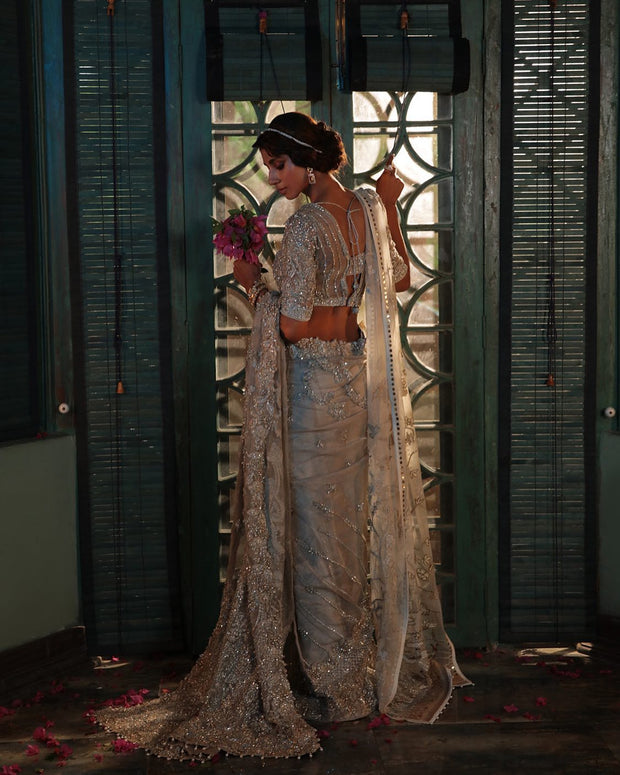 Shimmering Off White Bridal Saree Dress