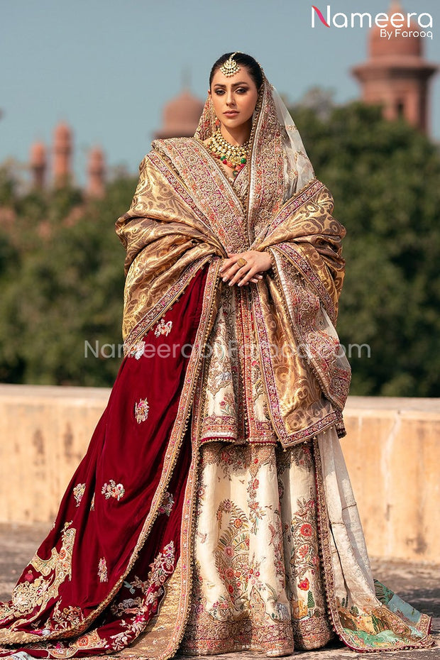 Latest Bridal Silk Lehenga and Peplum Shirt Pakistani Online Nameera by Farooq
