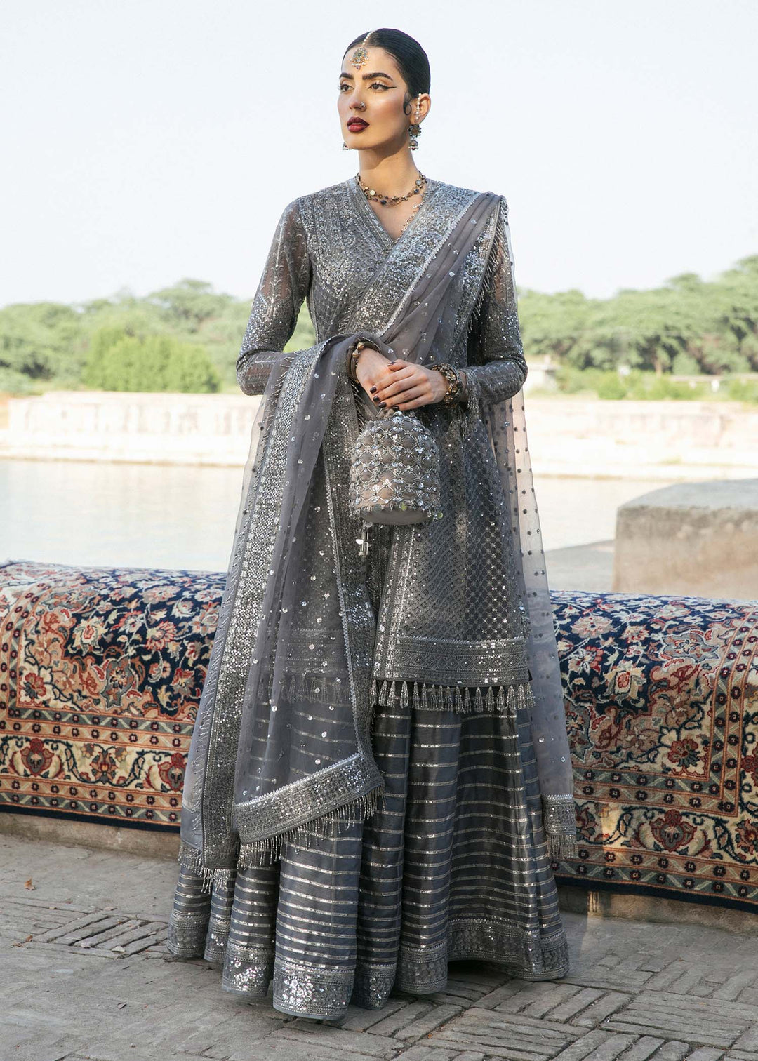Silk Sharara with Organza Pishwas Frock and Dupatta