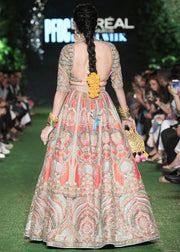 Latest silk embroidered lehnga in orange color for wedding wear # B3409