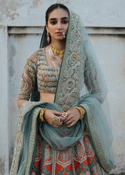 Latest silk embroidered lehnga in orange color for wedding wear # B3409