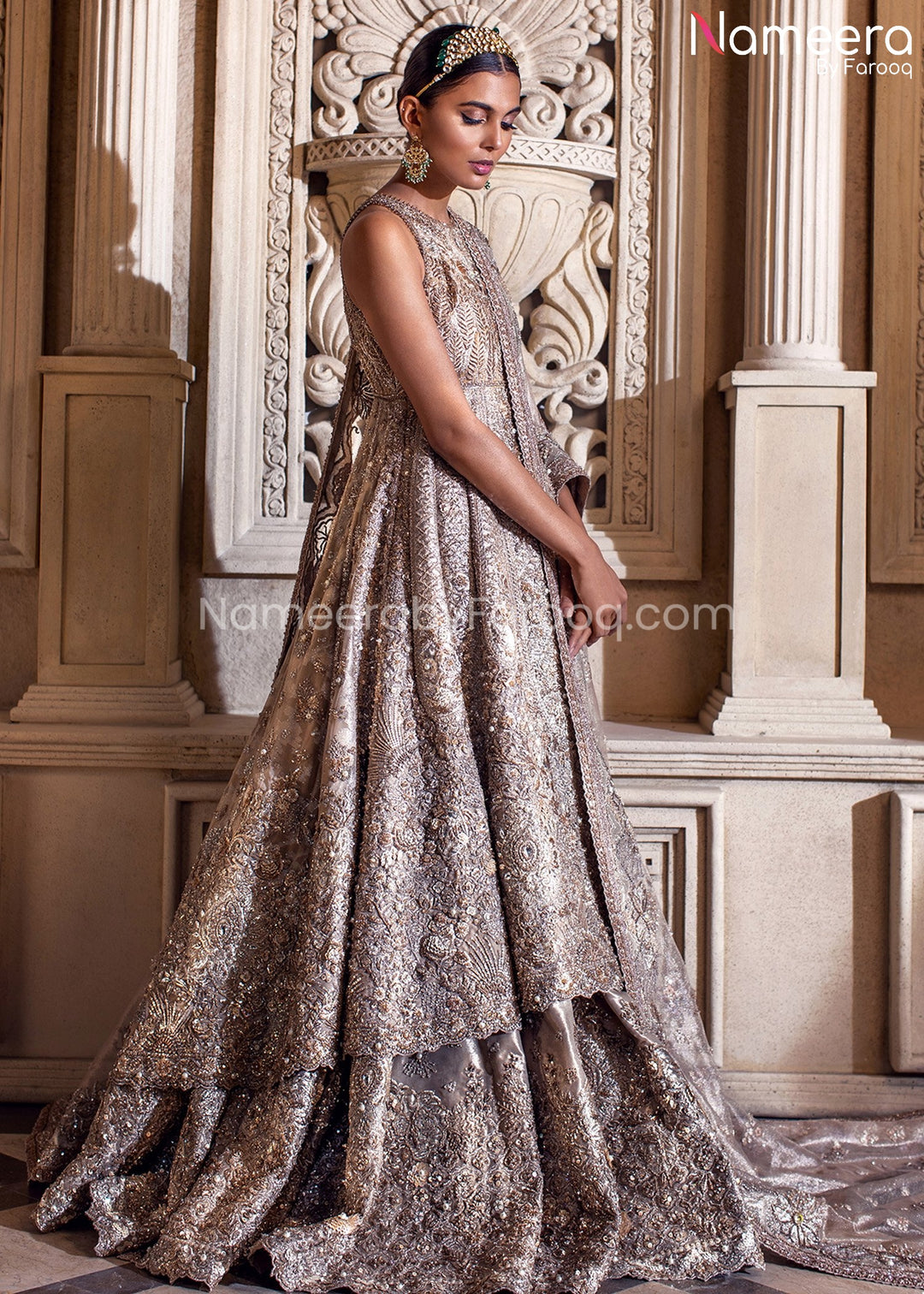 Silver Bridal Lehenga Pakistani for Wedding Online Side Pose