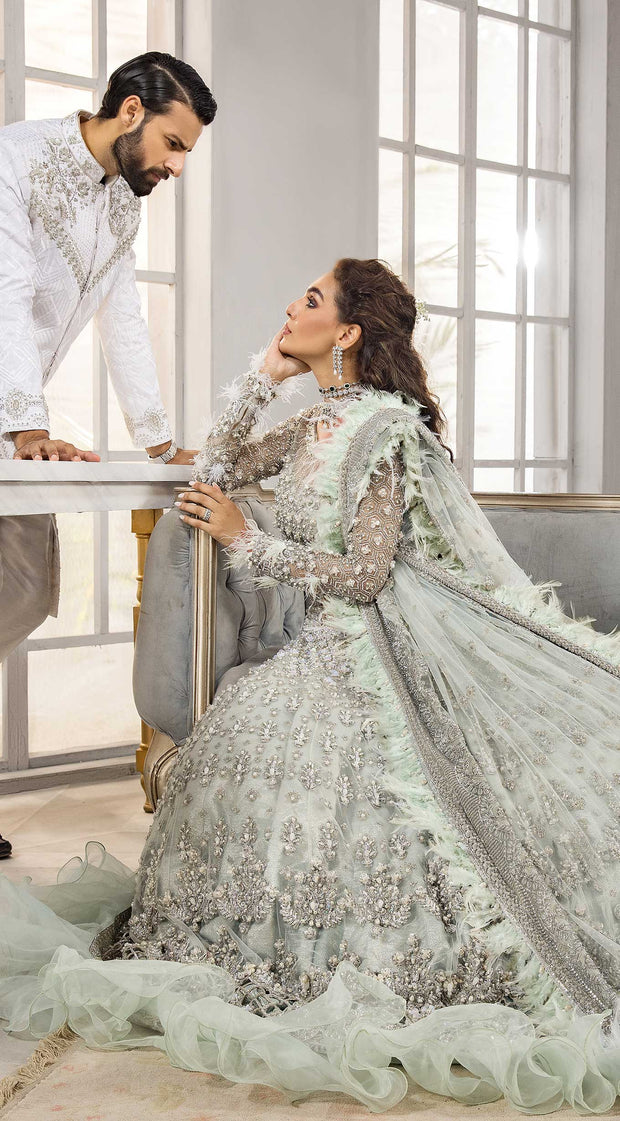 Silver Grey Lehenga Gown for Pakistani Bridal Wear Nameera by Farooq Silver Grey Lehenga Gown for Pakistani Bridal Wear Nameera by Farooq