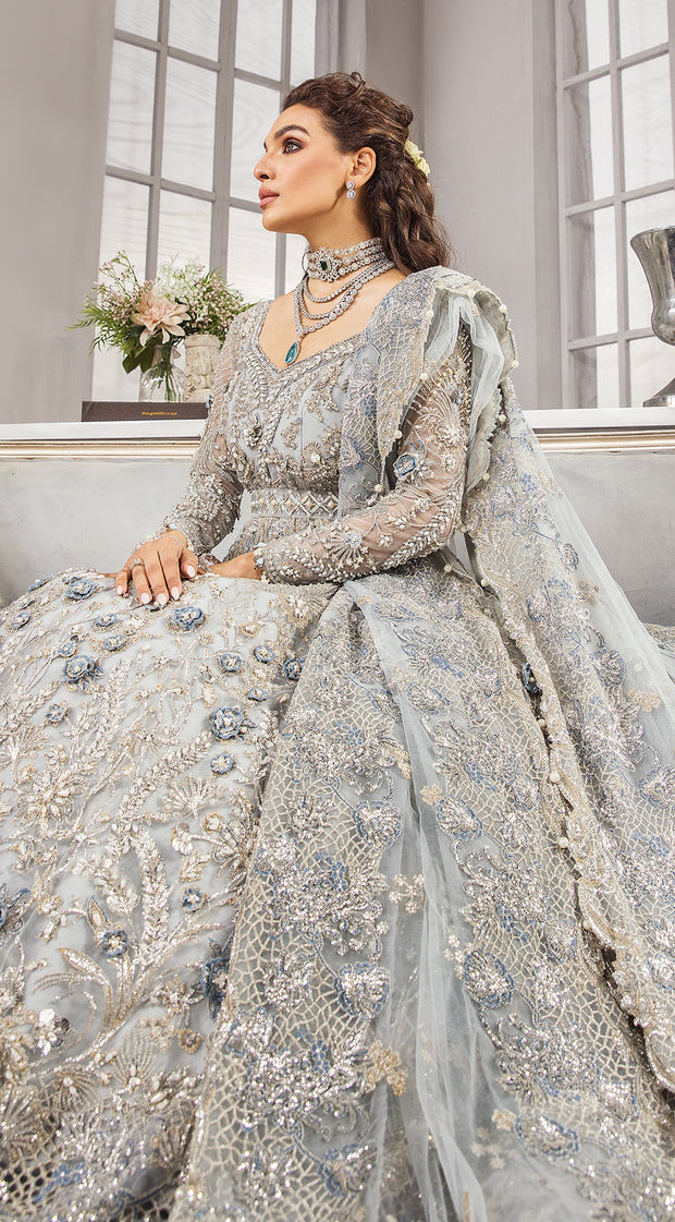 Silver Grey Lehenga Gown for Pakistani Bridal Wear  Nameera by Farooq