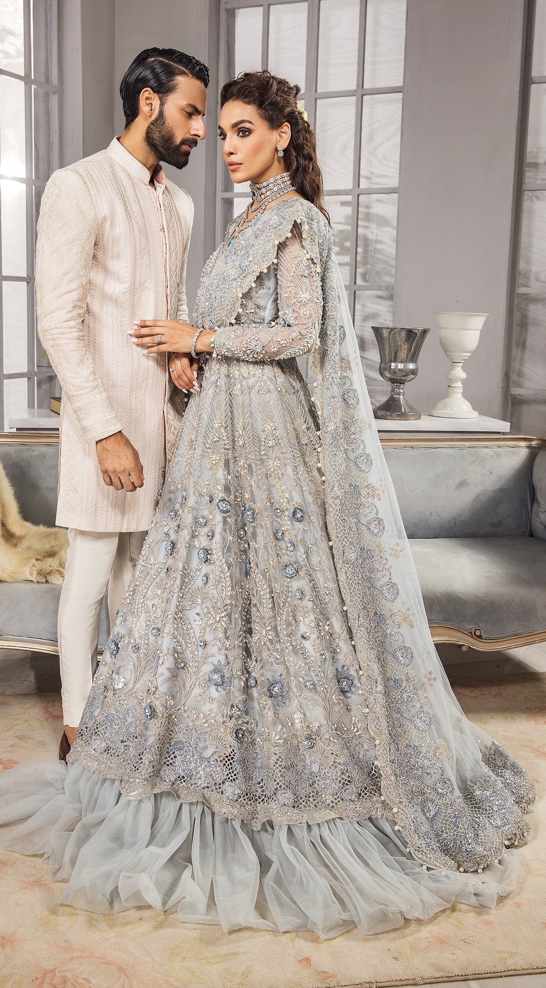 Silver Grey Lehenga Gown for Pakistani Bridal Wear CUSTOM SIZE Silver Grey Lehenga Gown for Pakistani Bridal Wear CUSTOM SIZE