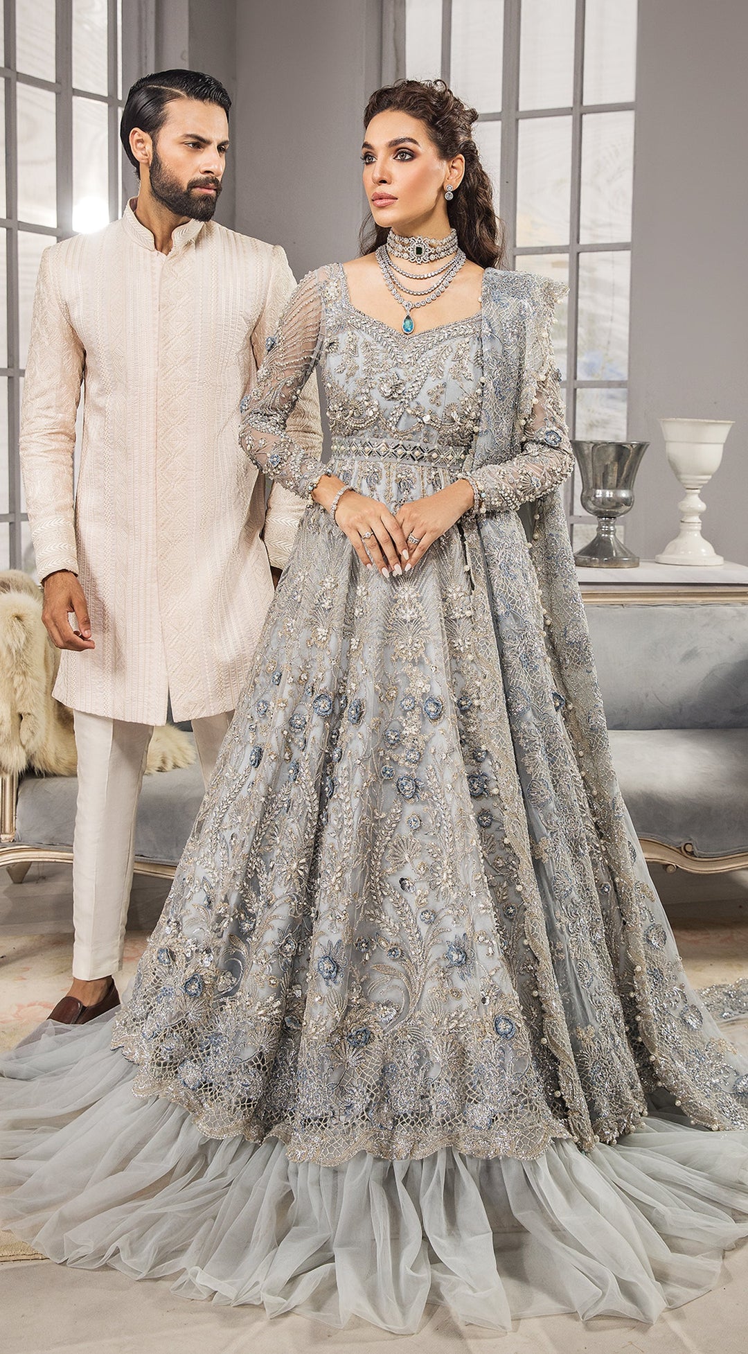 Silver Grey Lehenga Gown for Pakistani Bridal Wear 2023