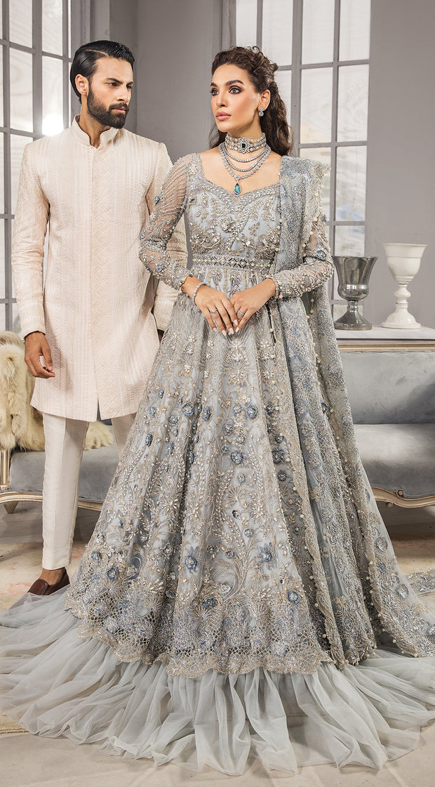 Silver Grey Lehenga Gown for Pakistani Bridal Wear 2023