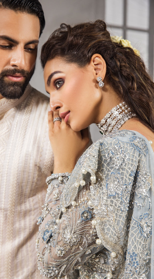 Silver Grey Lehenga Gown for Pakistani Bridal 