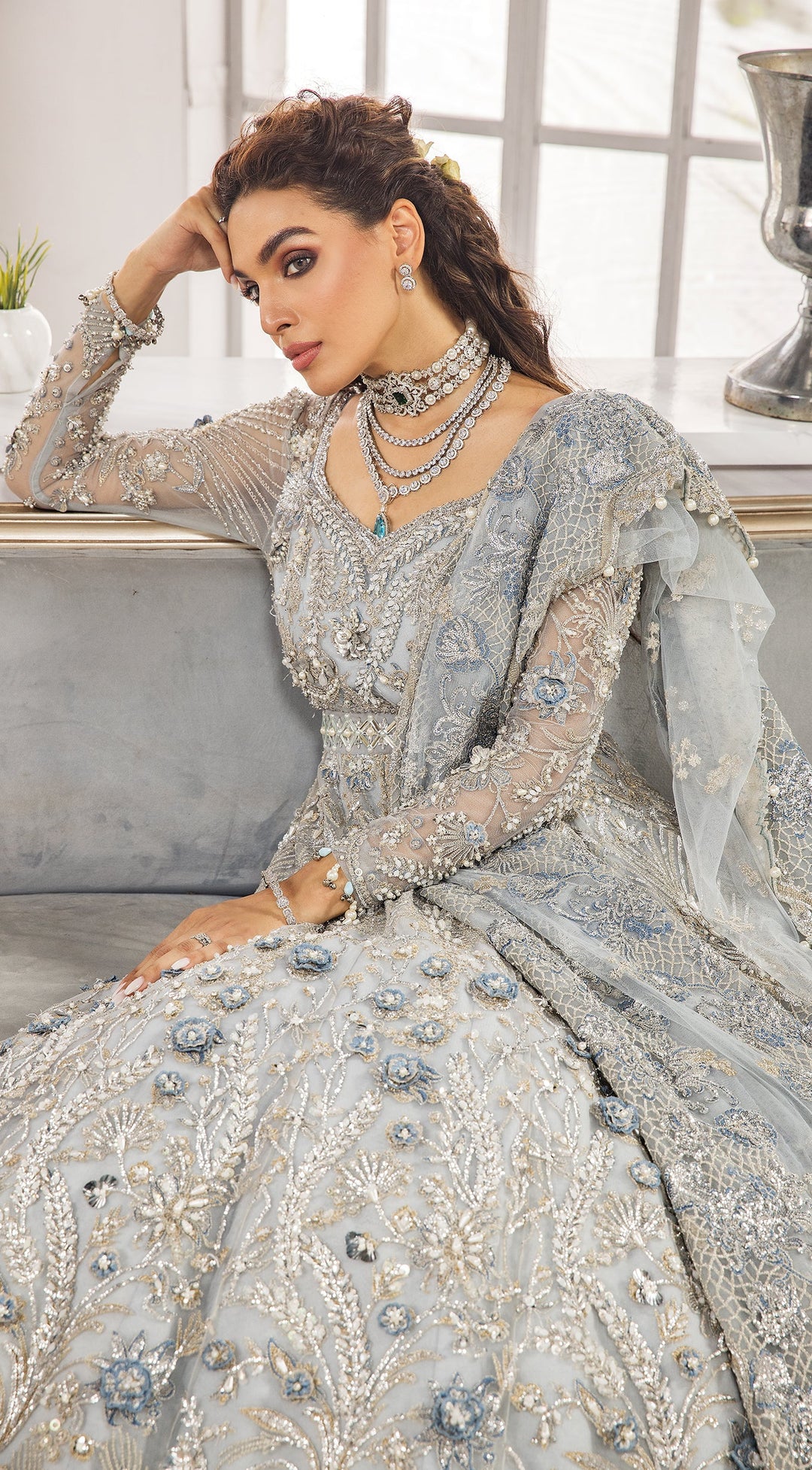 Silver colour bridal lehenga store