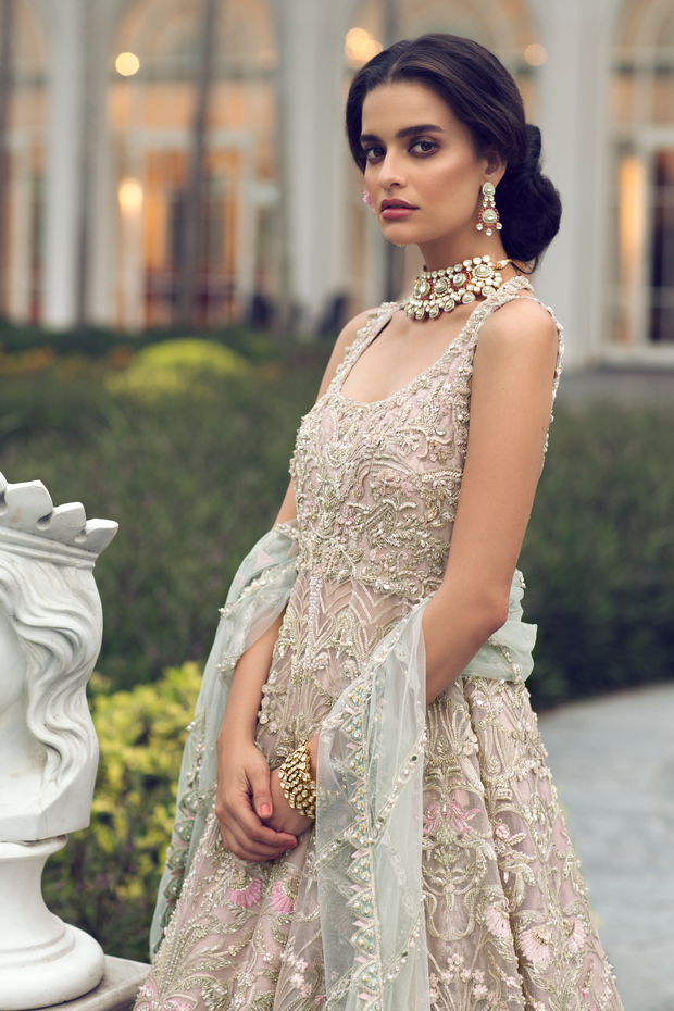 Designer Silver Long Gown Lehenga for Indian Bridal Wear 2022