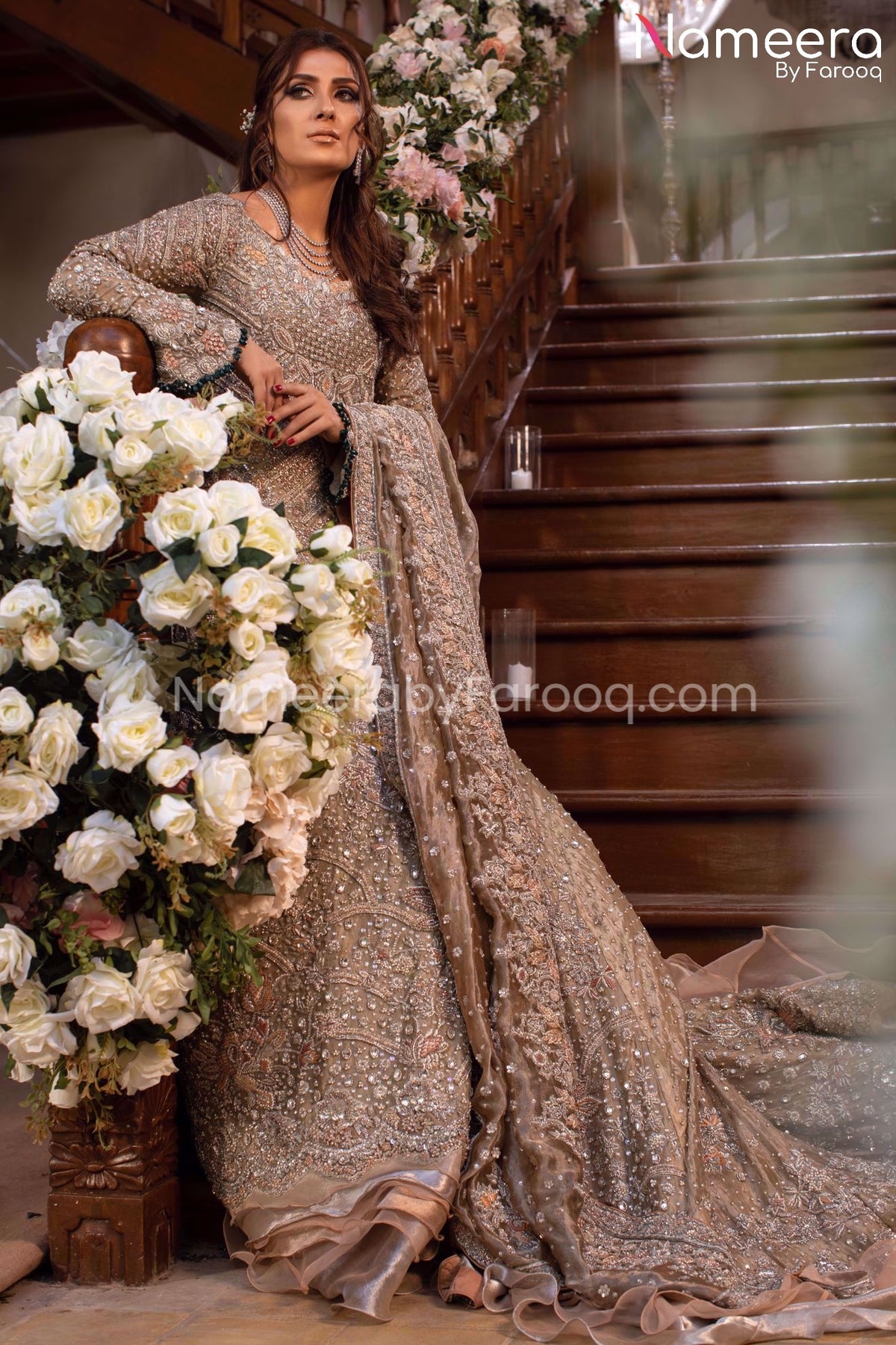 Elegant Silver Maxi Pakistani Long Bridal Dress Online 2021 – Nameera ...