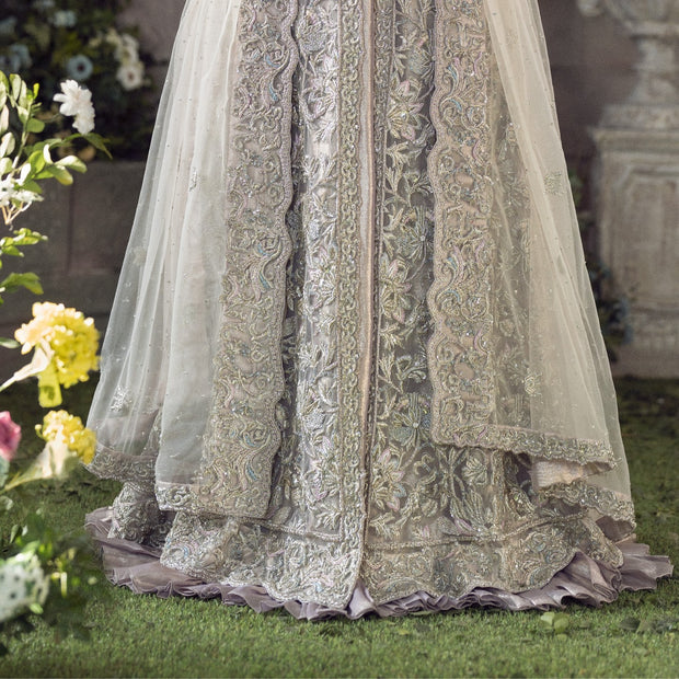 Silver Pakistani Bridal Dress in Gown Lehenga Dupatta Style