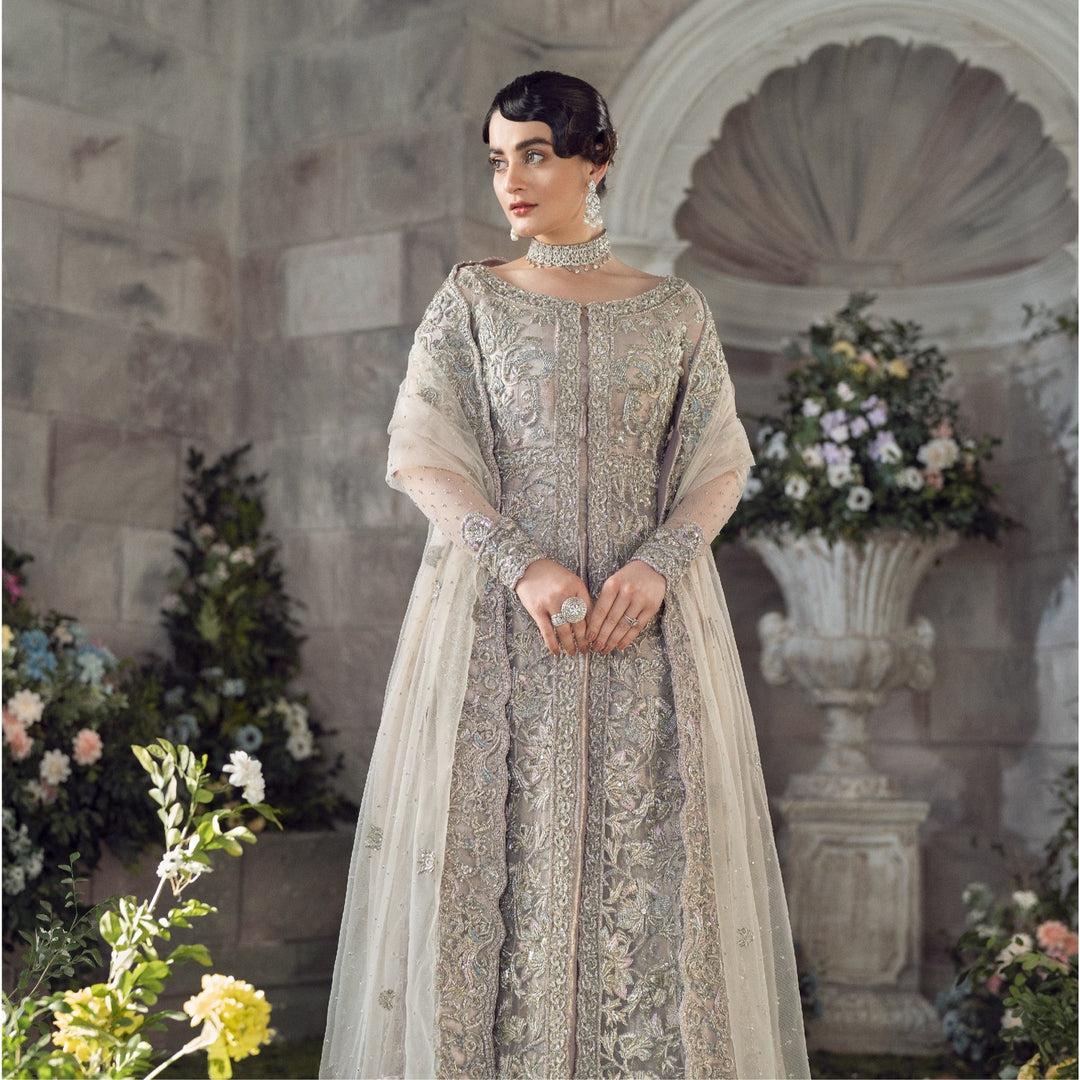 Elegant Silver Pakistani Bridal Dress with Gown Lehenga