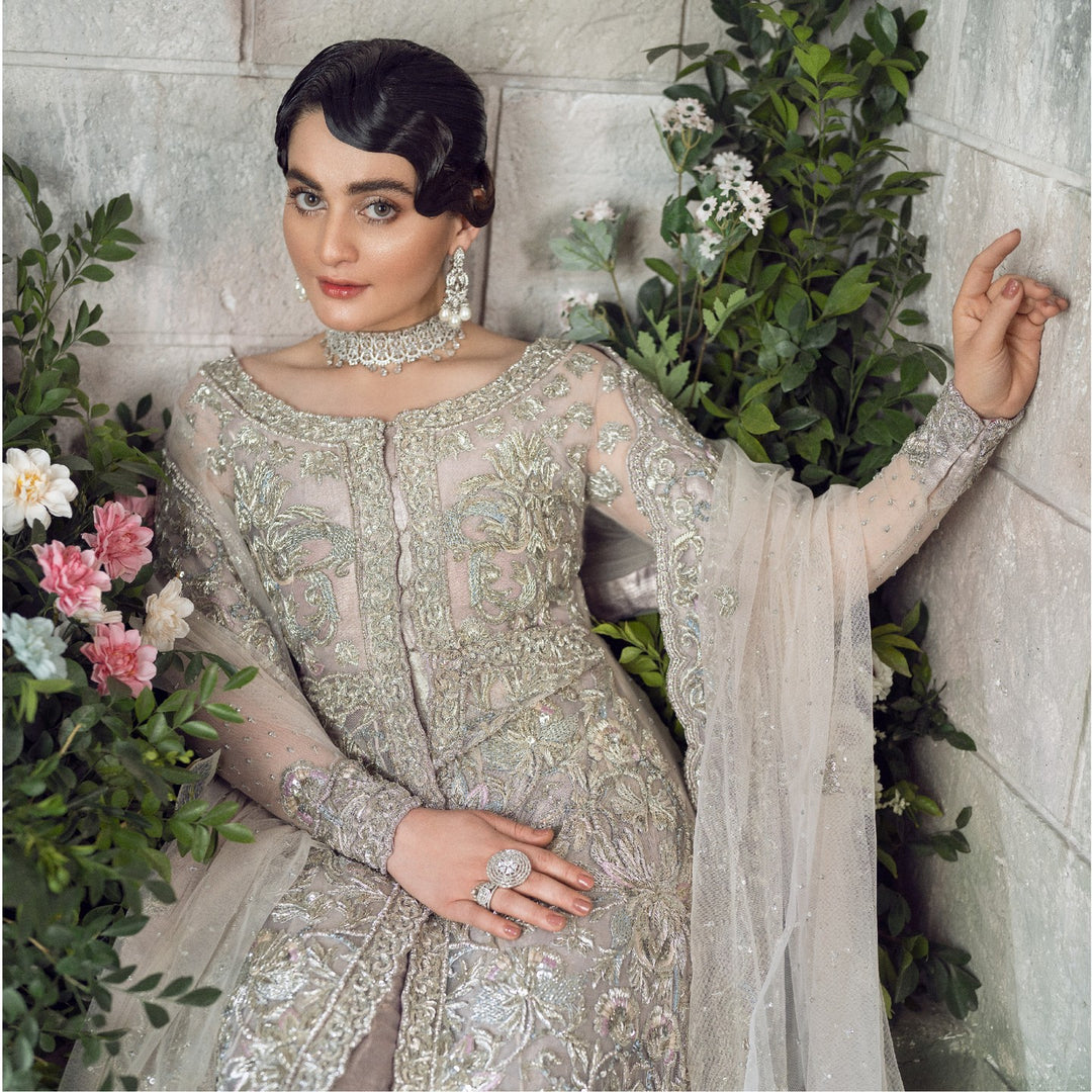 Elegant Silver Pakistani Bridal Dress with Gown Lehenga