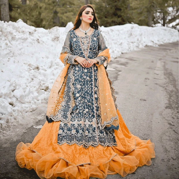 Simple Orange Lehenga with Green Kameez Bridal Dress