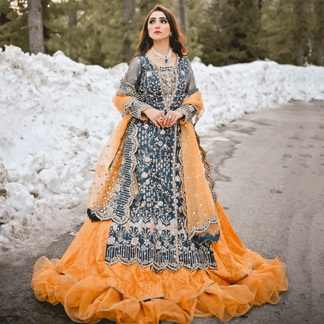 Simple Orange Lehenga with Green Kameez Dress