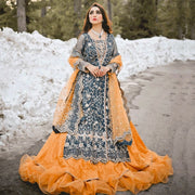 Simple Orange Lehenga with Green Kameez Dress