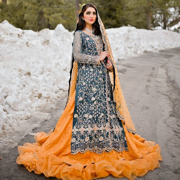 Simple Orange Lehenga with Green Kameez Dress for Bride