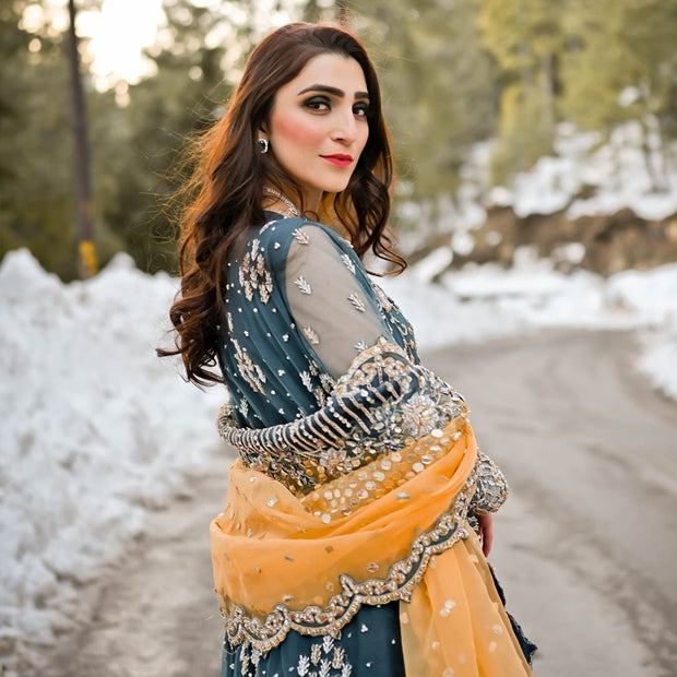 Simple Orange Lehenga with Green Kameez and Dupatta Dress