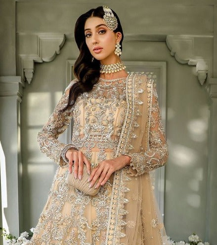 Skin Peach Lehenga Gown for Pakistani 2023