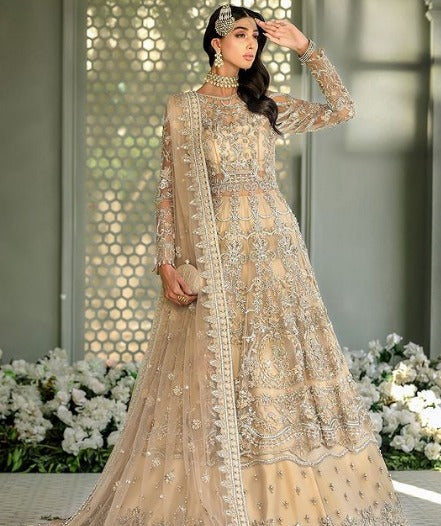Skin Peach Lehenga Gown for Pakistani Bridal Dress
