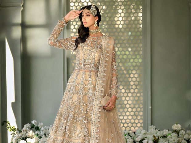 Skin Peach Lehenga Gown for Pakistani 