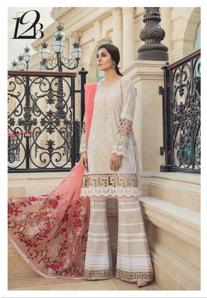 Skin Sequence work Designer Lawn dress Floral pink Dupatta Nameera by Farooq