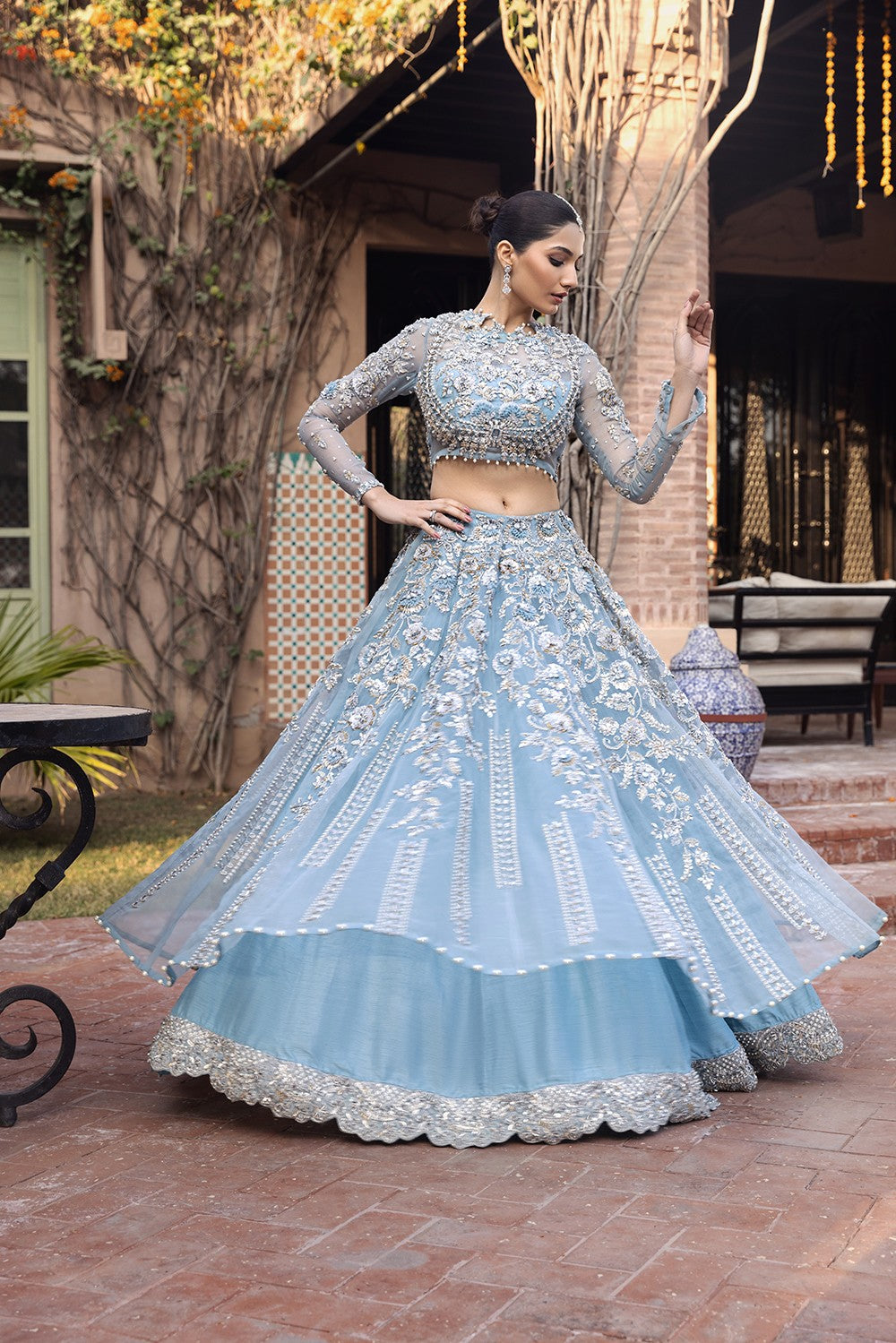 Sky Blue Lehenga Choli Pakistani Wedding Dresses Nameera by Farooq
