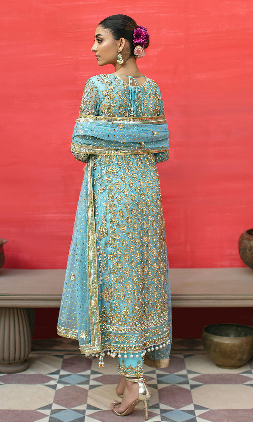 Sky Blue Long Kameez Capri for Pakistani Wedding Dress