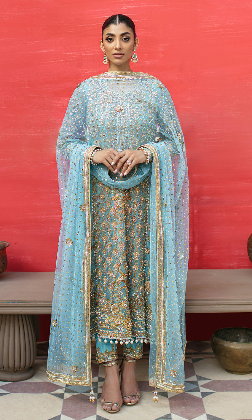 Sky Blue Long Kameez Capri for Pakistani Wedding Dresses