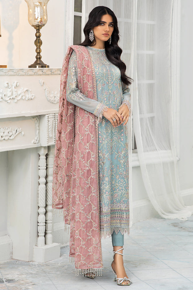 Sky Blue Long Kameez Trousers with Pink Dupatta Party Wear