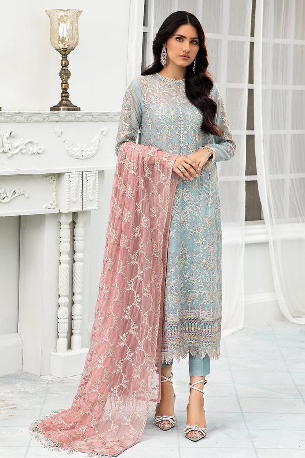 Sky Blue Long Kameez Trousers with Pink Dupatta Party Wear 2023