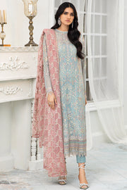 Sky Blue Long Kameez Trousers with Pink Dupatta 