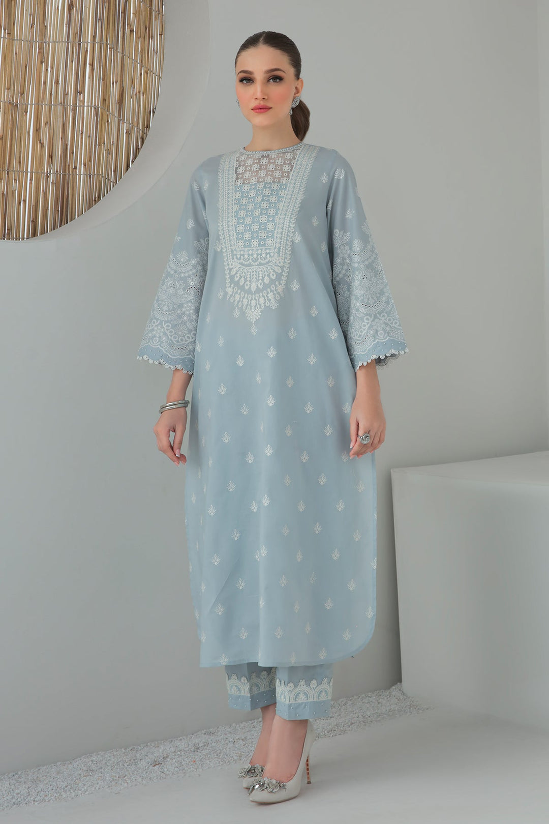 Sky Blue Pakistani Traditional Kameez In Capri Style