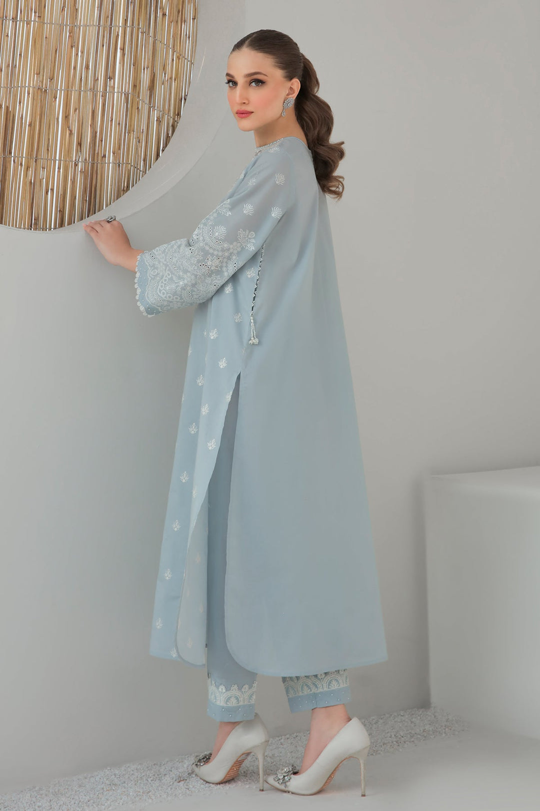 Sky Blue Pakistani Traditional Kameez In Capri Style 2023