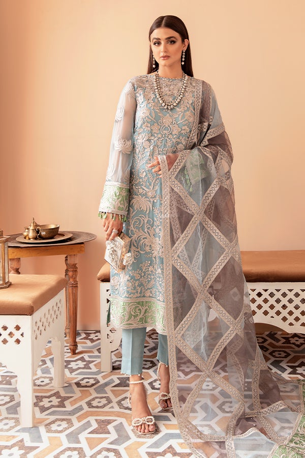 Sky Blue Salwar Kameez with Floral Embroidery Embroidery